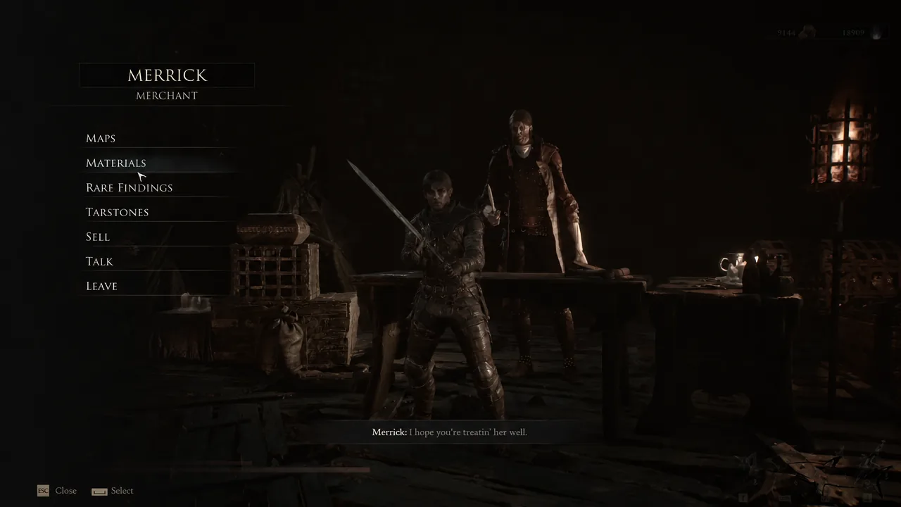Merrick's Merchant menu open in Mortal Shell 2 with the Materials category highlighted