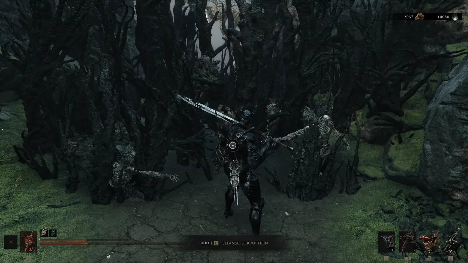 On-screen prompt to hold E to cleanse corruption at a corrupted tree