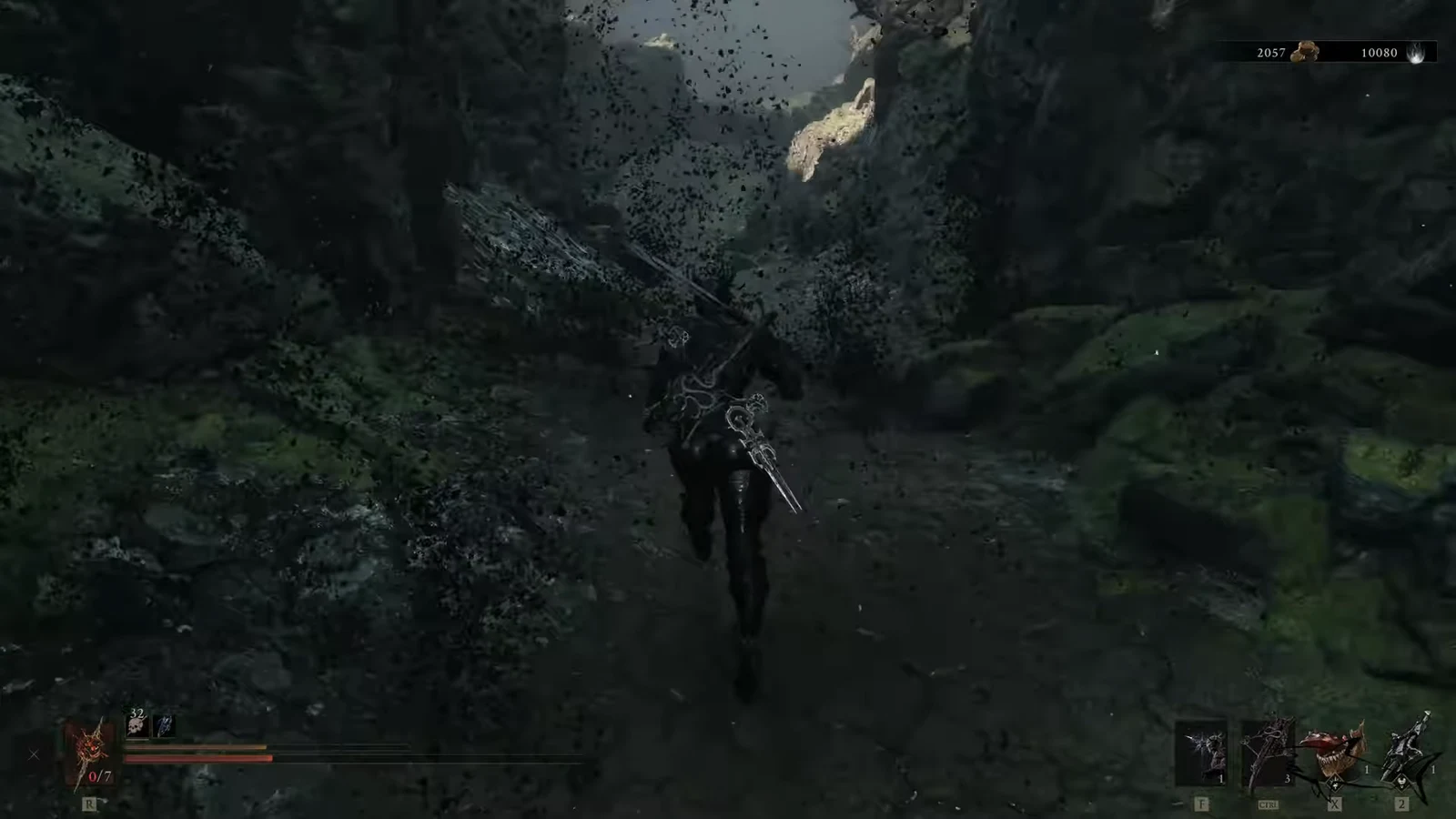 Character running forward through a dark rocky ravine with the HUD visible