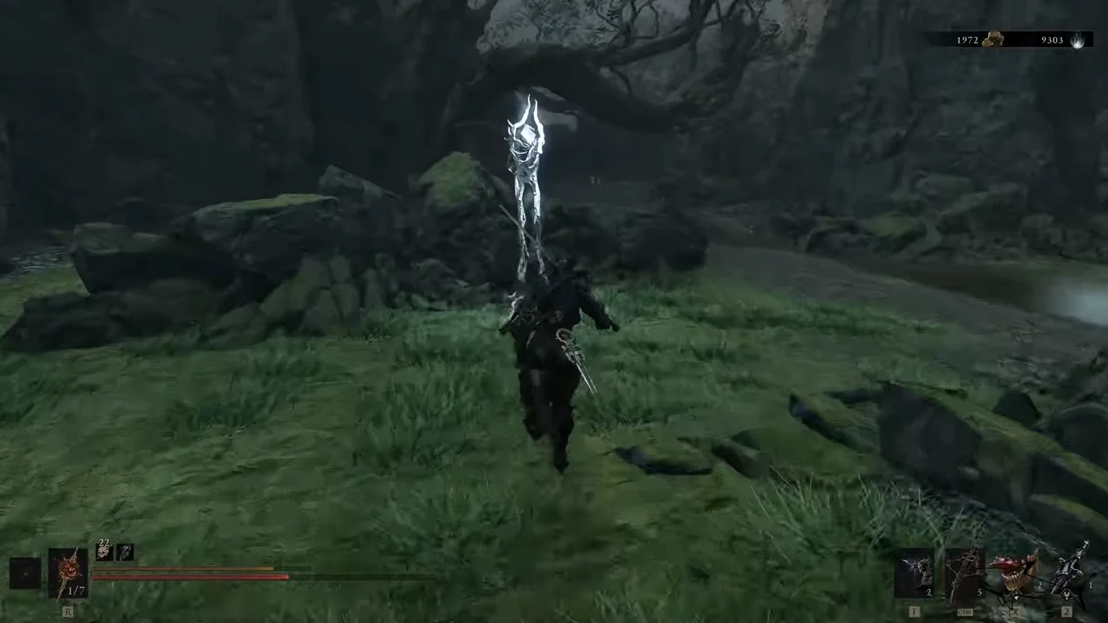 Player character running toward a glowing white shrine-like object in a forest clearing