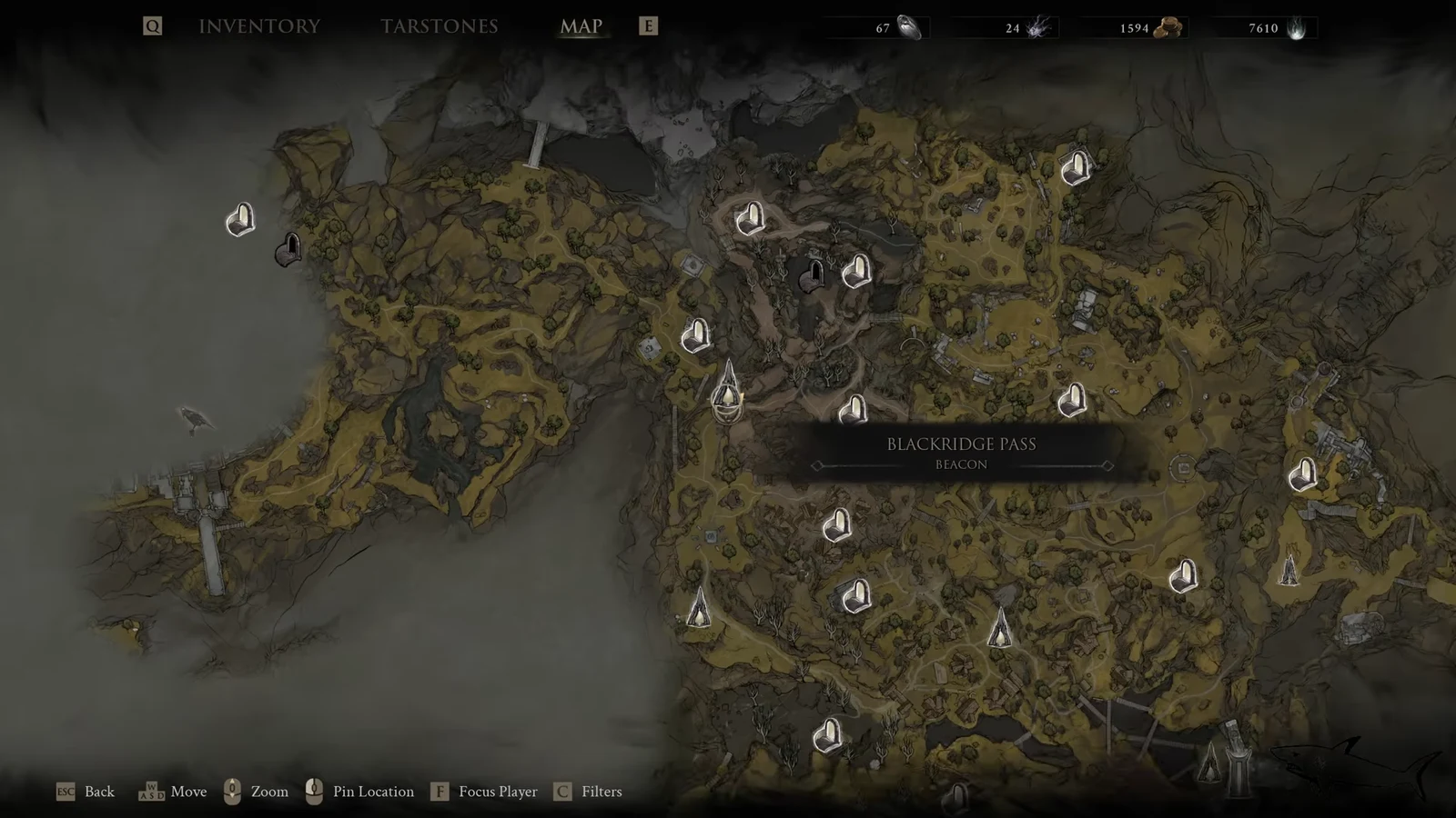 Map screen highlighting the Blackridge Pass beacon among nearby markers