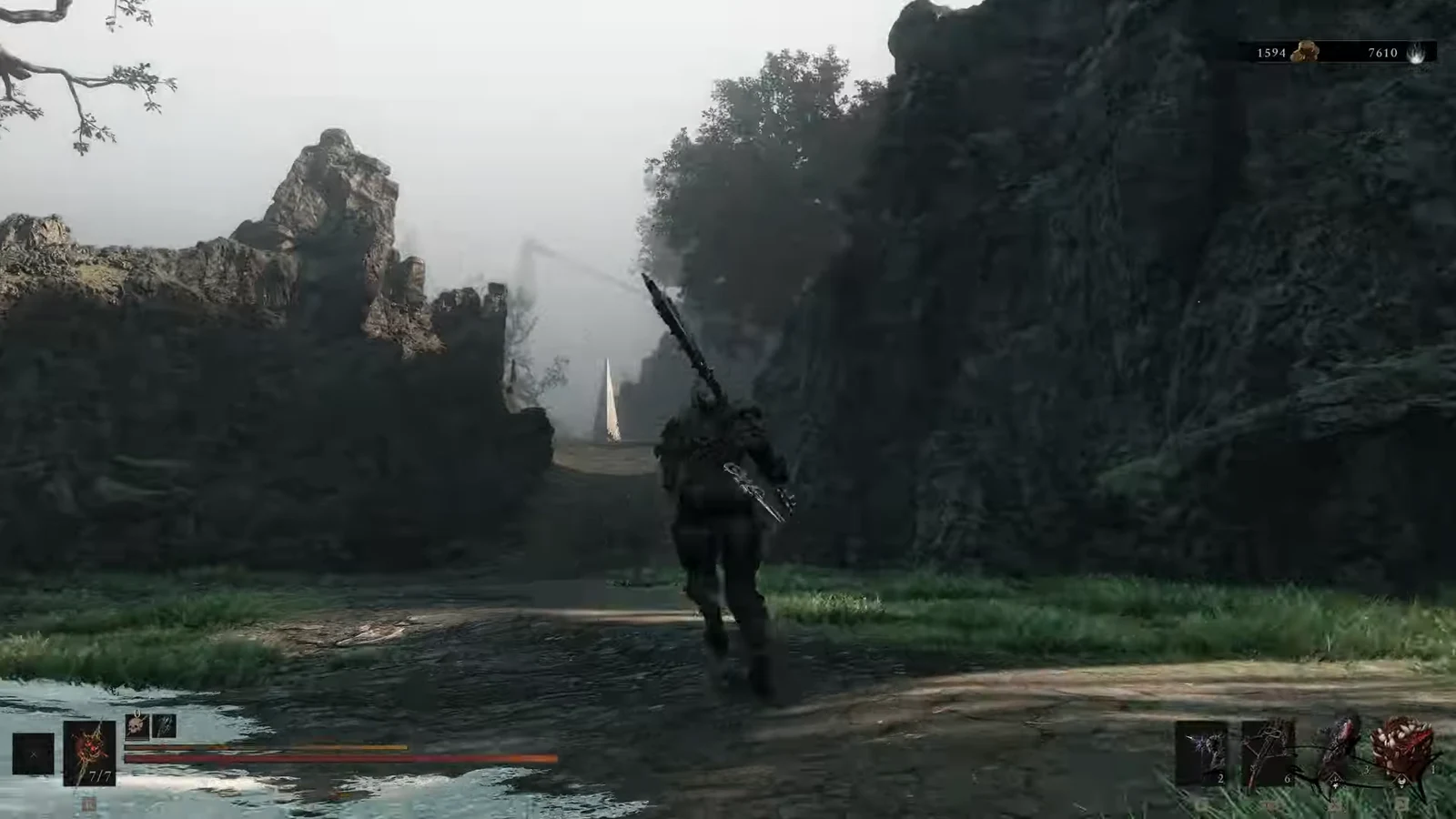 Armored character running along a rocky forest path toward a distant glowing beacon