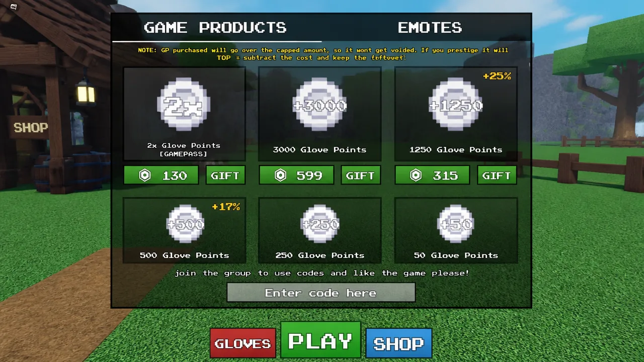 SHOP menu open with the code entry field for redeeming Glove Game 2 rewards