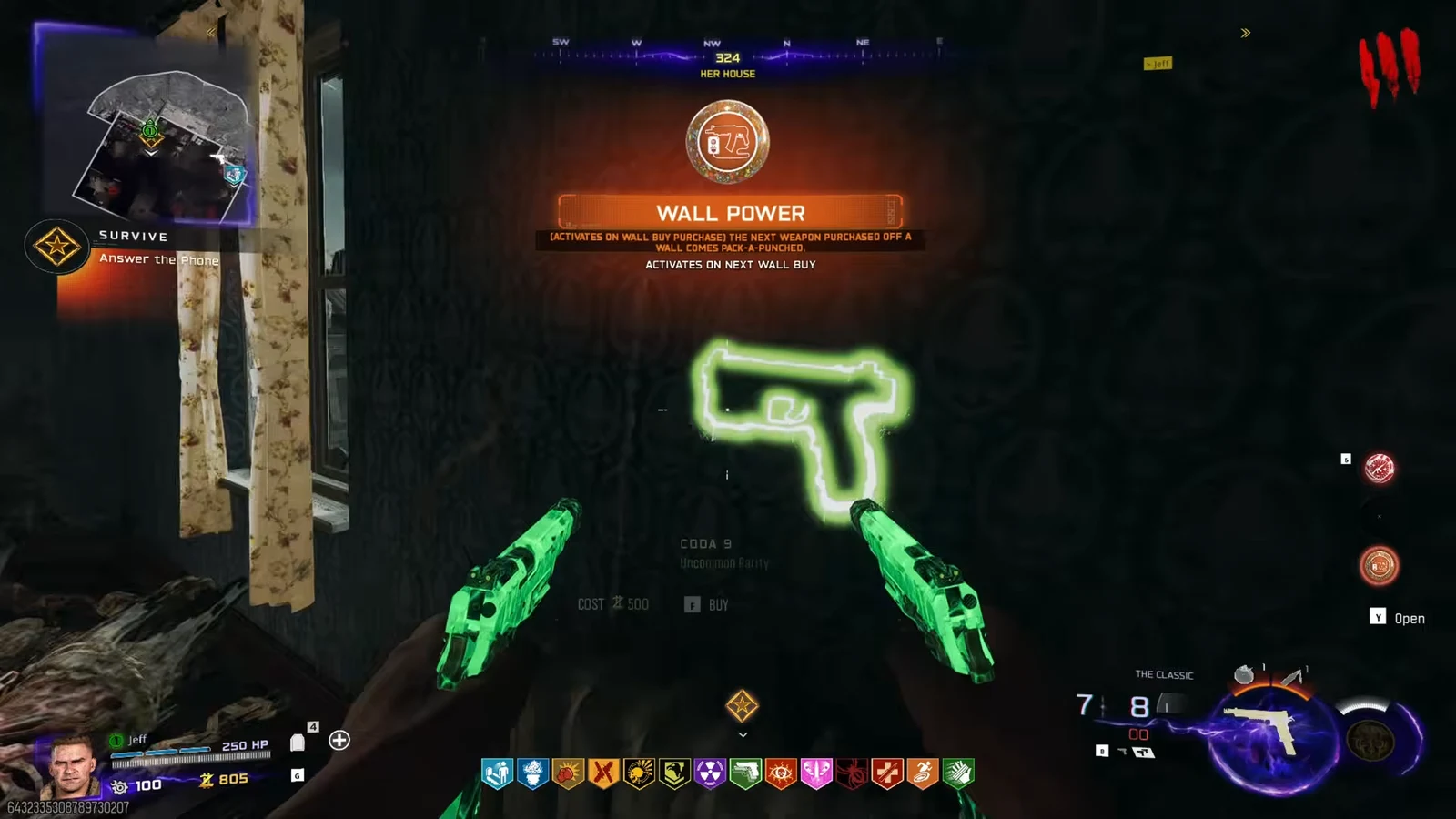Coda 9 wall-buy prompt for 500 essence with the Wall Power bonus active