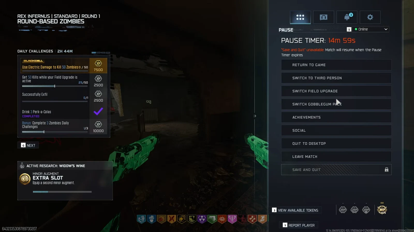 Paused Zombies menu with the Switch Gobblegum Pack option highlighted before a run