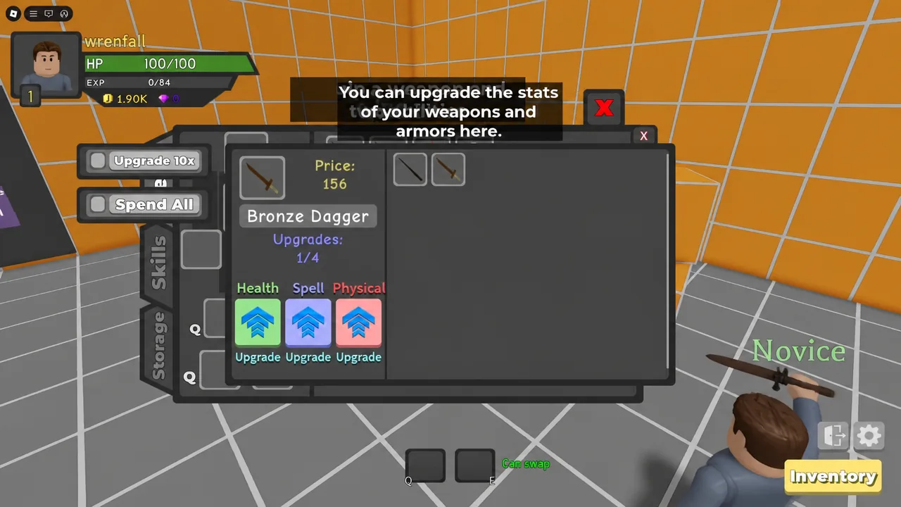 Inventory screen used to equip a starting weapon and two ability slots