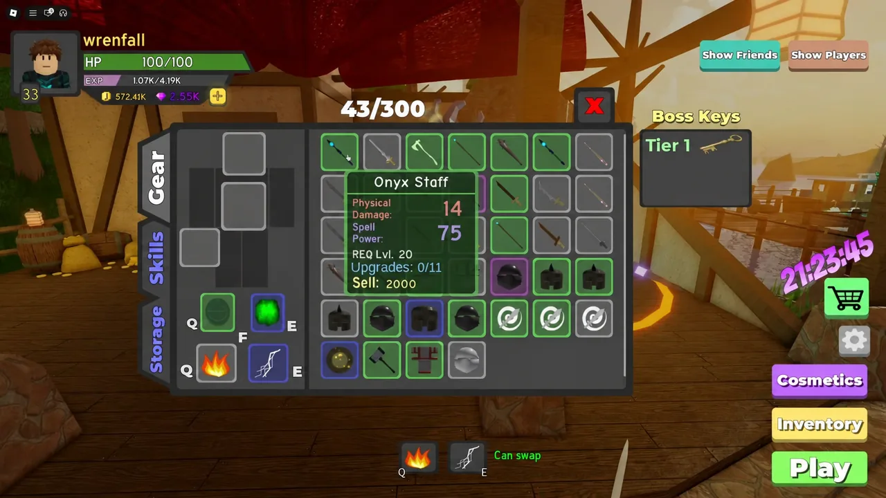 Gear menu showing the Onyx Staff tooltip with its stats and level requirement