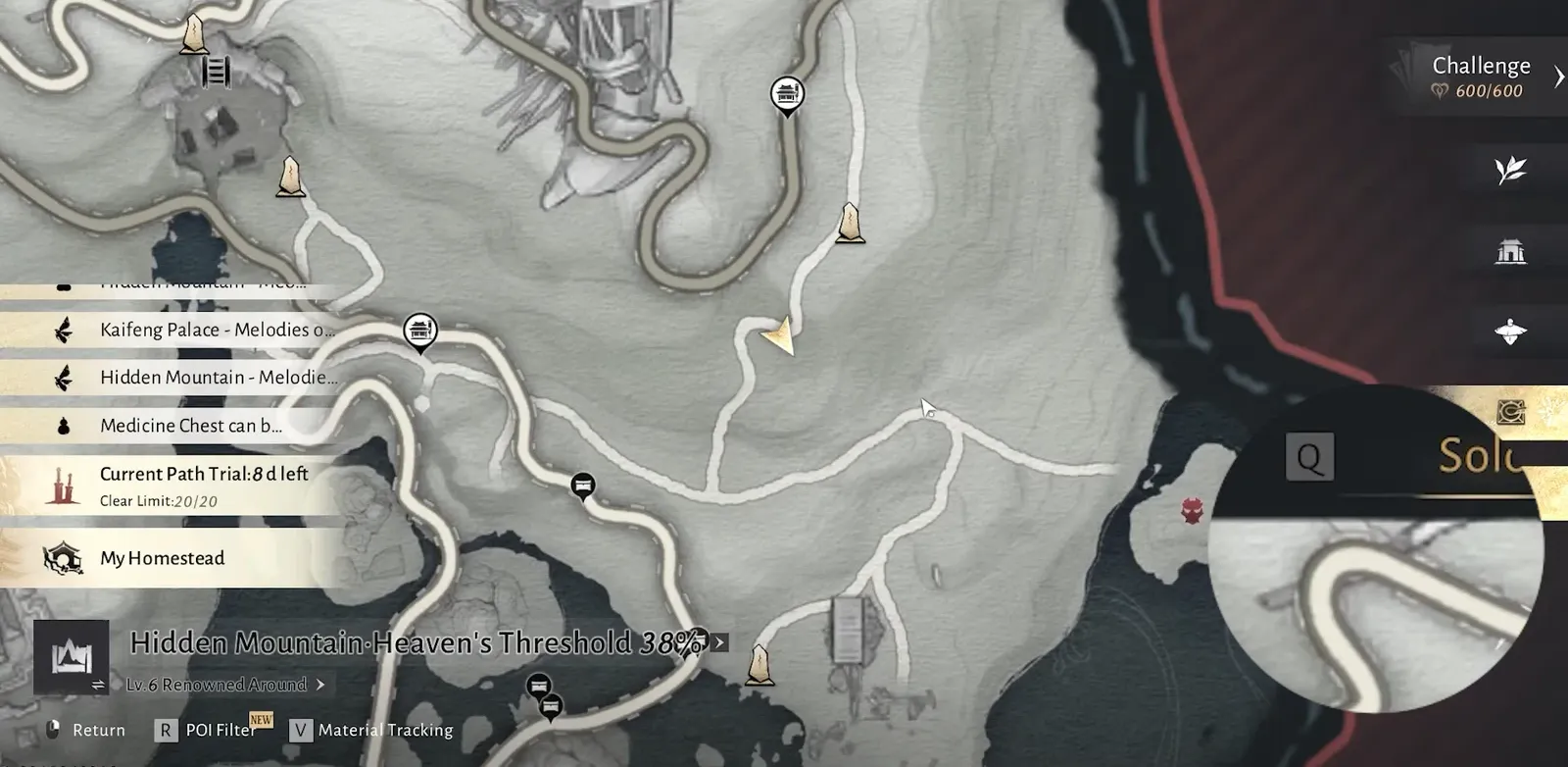 World map open on Goldflow Slope showing the hidden path route and current trial marker