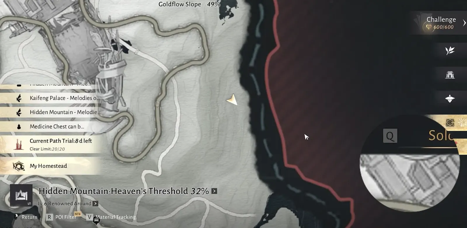 Goldflow Slope map showing chest 13 of 23 with My Homestead highlighted among points of interest