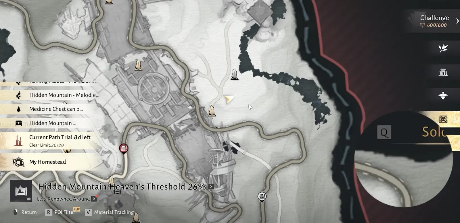 World map open on Hidden Mountain Heaven's Threshold showing Goldflow Slope chest tracking at 1 of 23