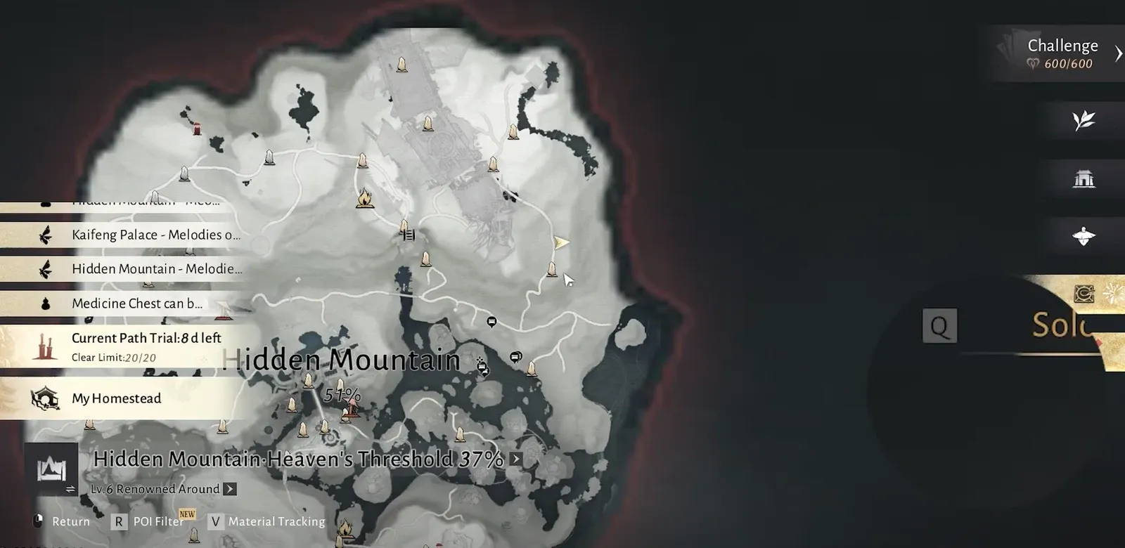 Hidden Mountain map showing Goldflow Slope chest locations while tracking chest 20 of 23