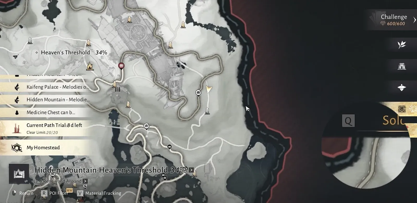 World map on Hidden Mountain Heaven's Threshold pinpointing Goldflow Slope chest 17 of 23