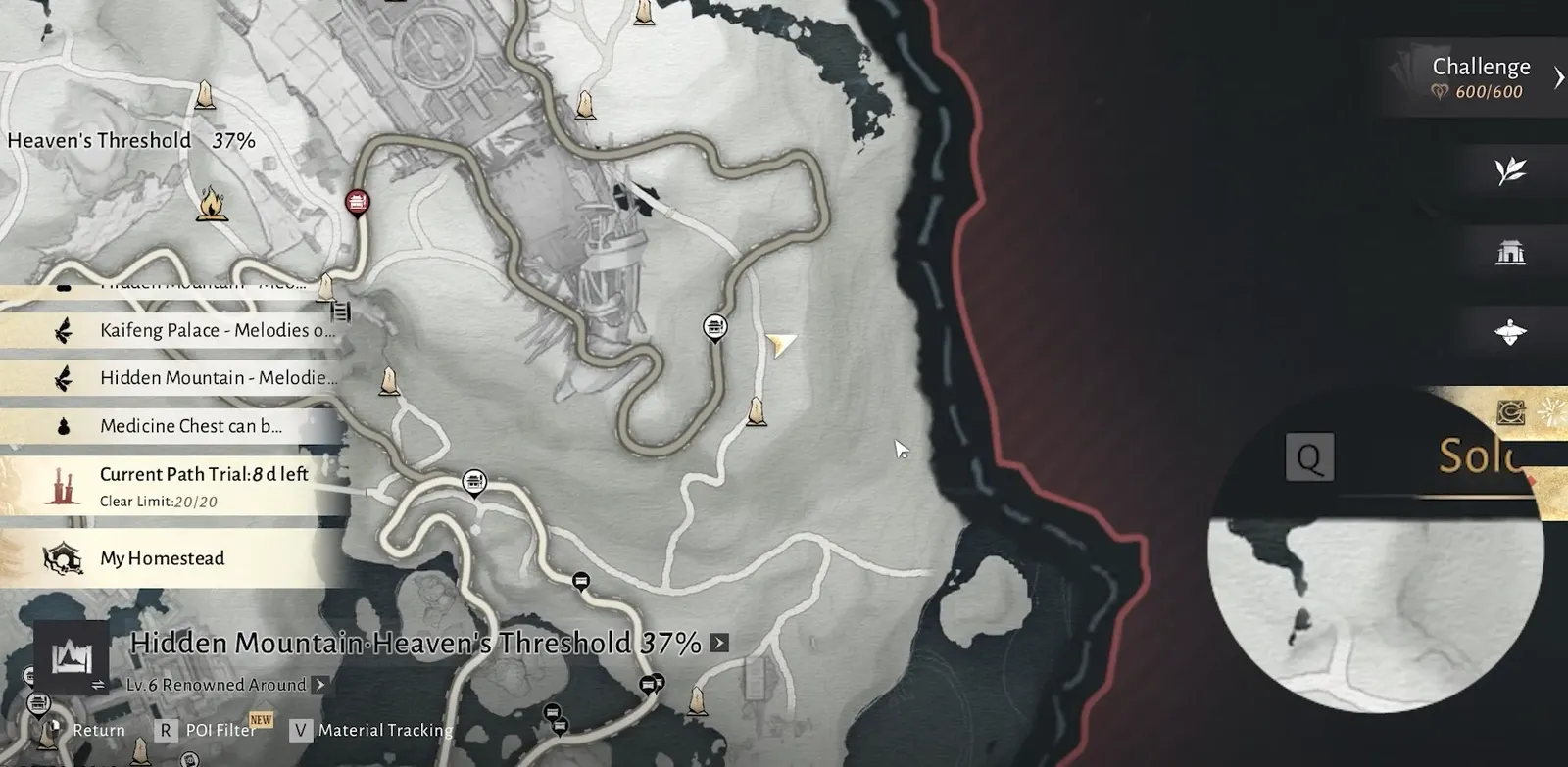 World map with Hidden Mountain, Heaven's Threshold selected showing 37 percent exploration and the current path location