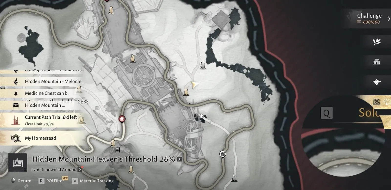 Hidden Mountain, Heaven's Threshold map open with the My Homestead point and nearby markers highlighted