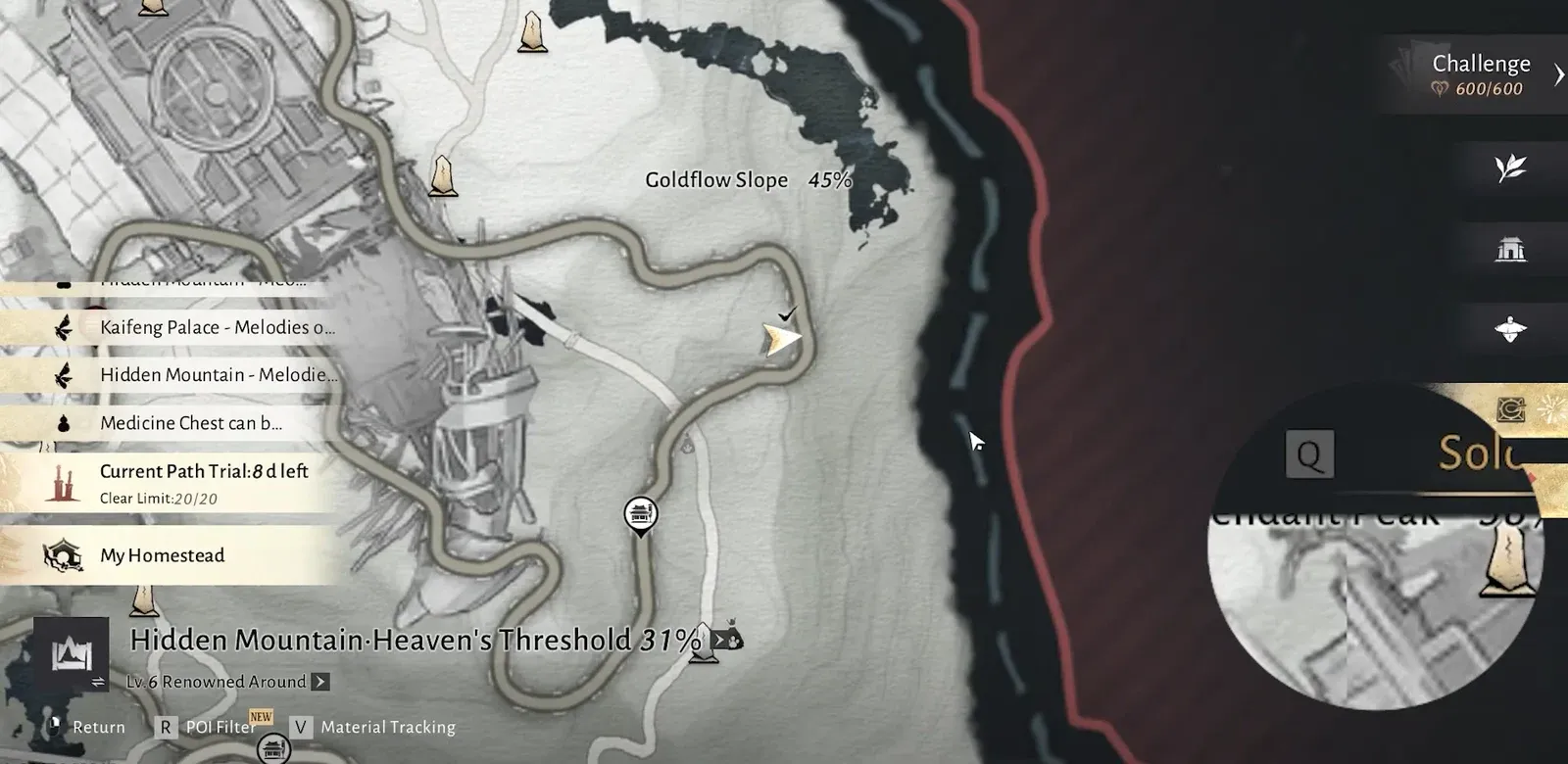 World map on Goldflow Slope with Hidden Mountain, Heaven's Threshold selected showing 31 percent progress