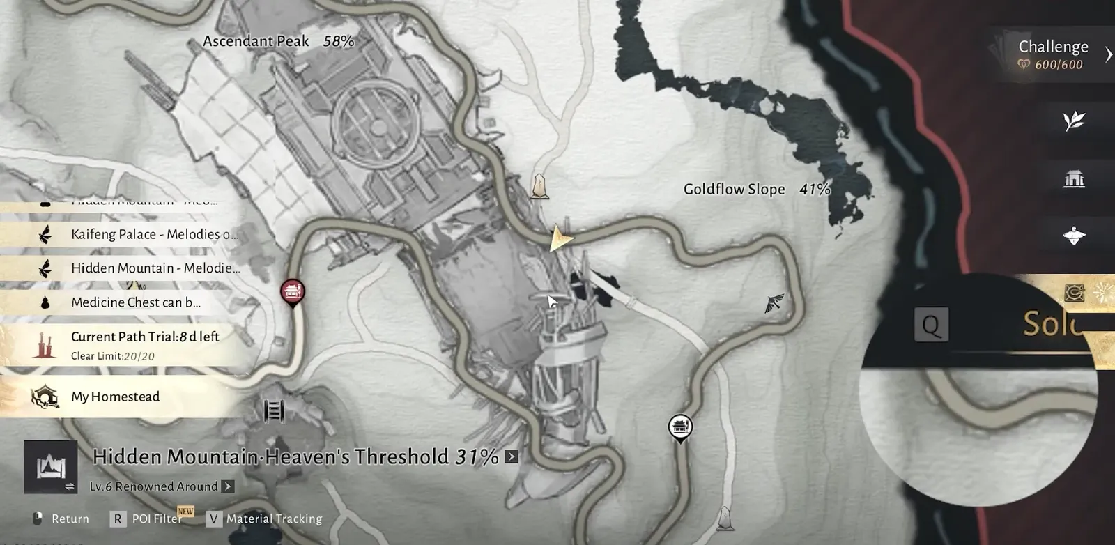 Open world map with Hidden Mountain-Heaven's Threshold selected at 31% and nearby objectives listed