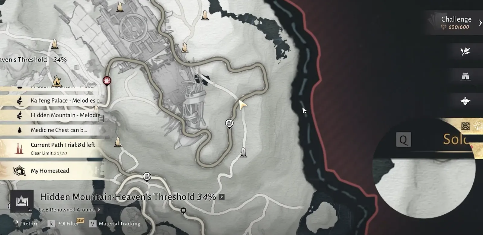 World map open to Hidden Mountain-Heaven's Threshold with the My Homestead entry highlighted