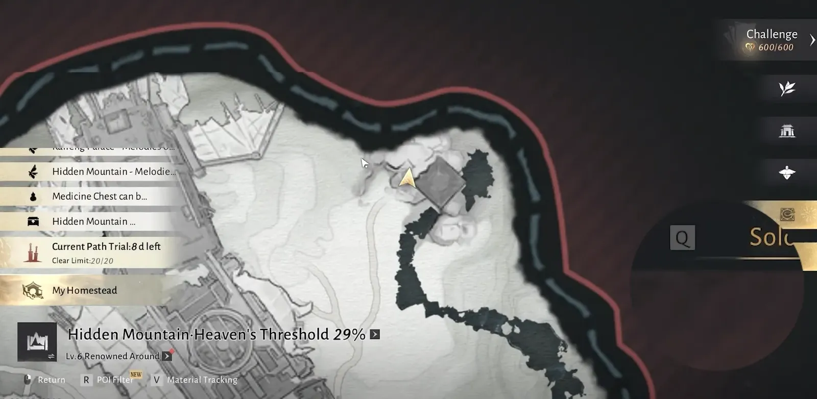World map centered on Hidden Mountain-Heaven's Threshold at 29% with a Current Path Trial active