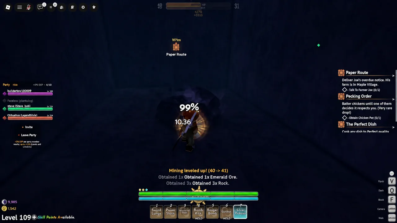 Mining an ore node with the Silver Pickaxe equipped and the progress bar at 99 percent