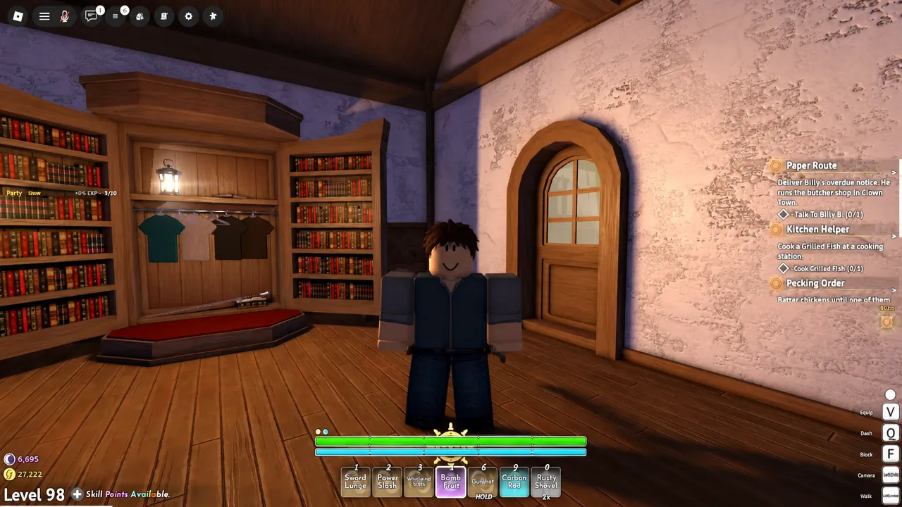 Hotbar with the Bomb Fruit slot highlighted while the character stands indoors