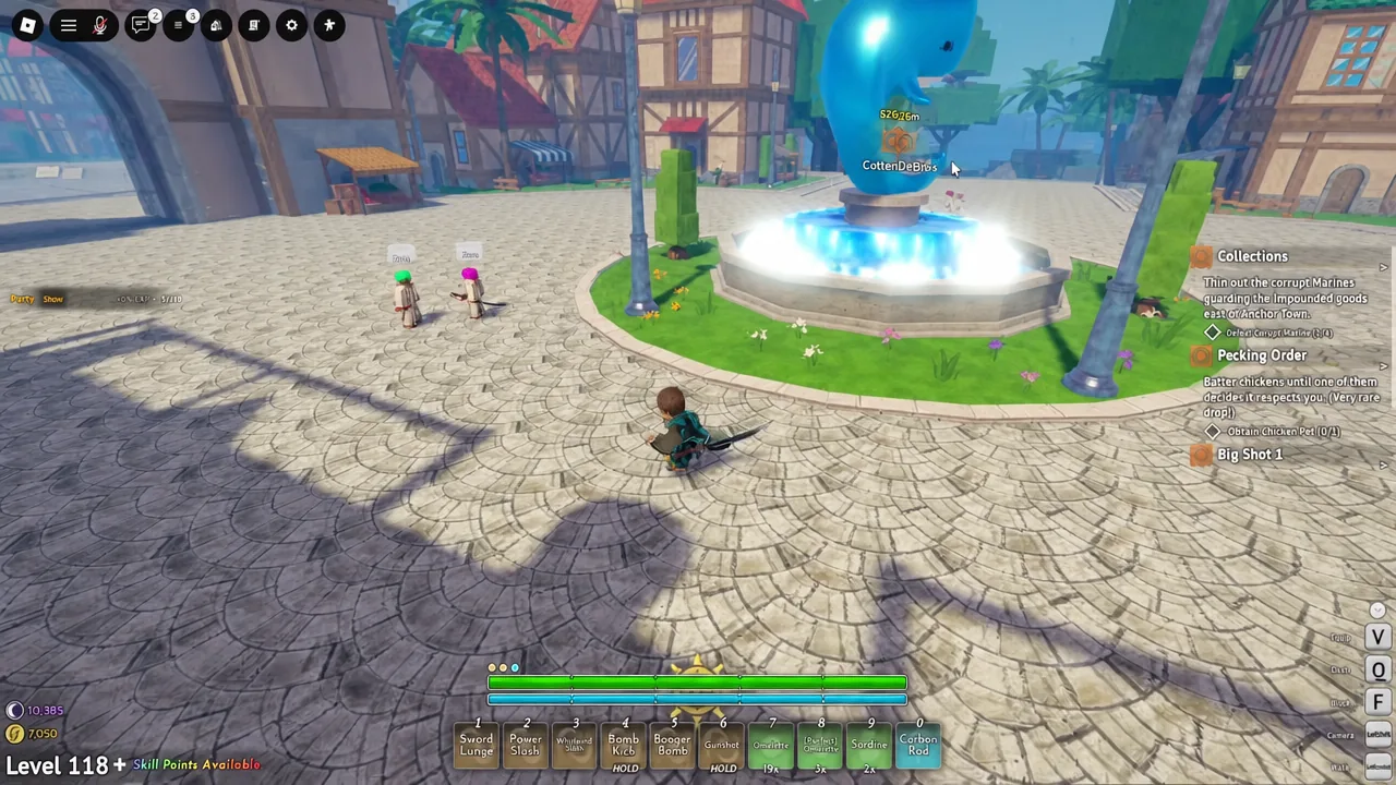 Player crossing a town plaza with the quest tracker listing active objectives on the right