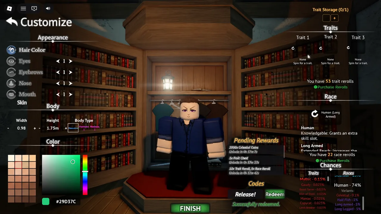 Customize screen showing hair color options with a green shade selected