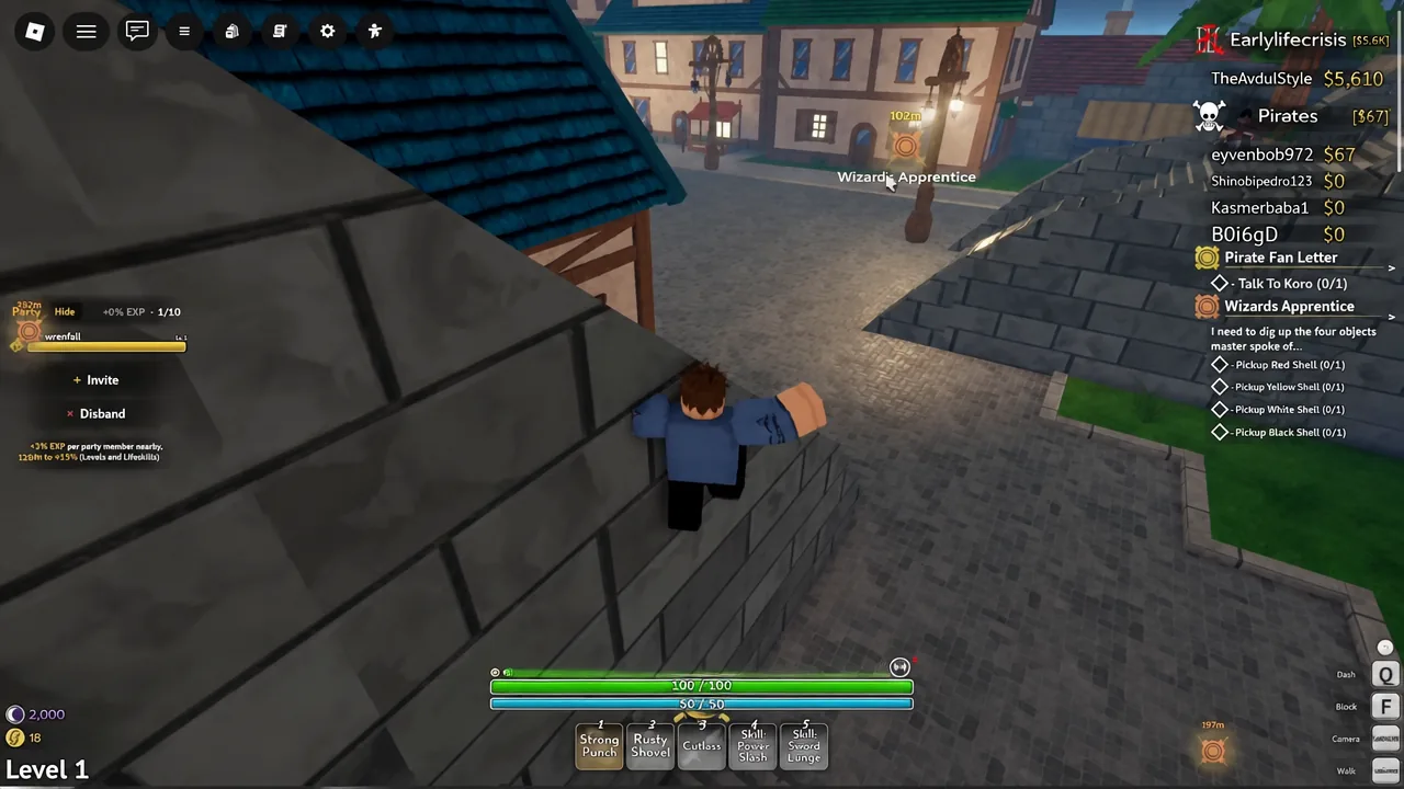 Quest tracker pointing to Koro while the player crosses Anchor Town rooftops