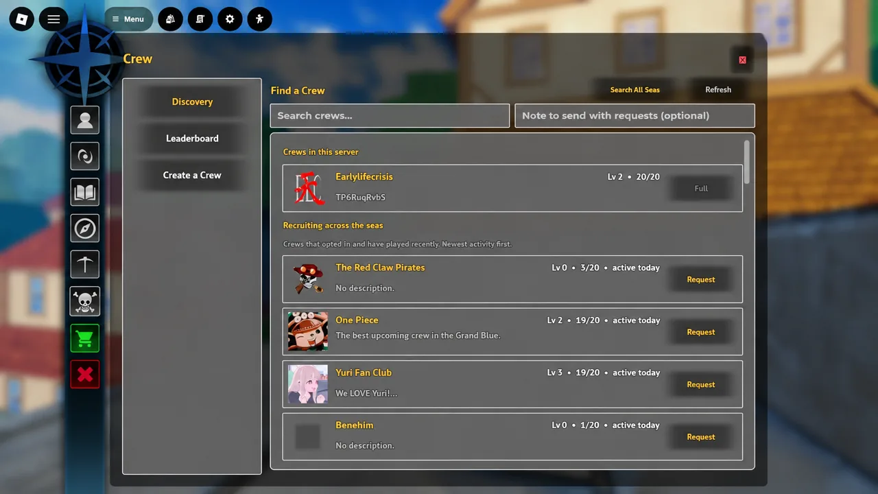 Crew menu Discovery tab listing crews with Request buttons