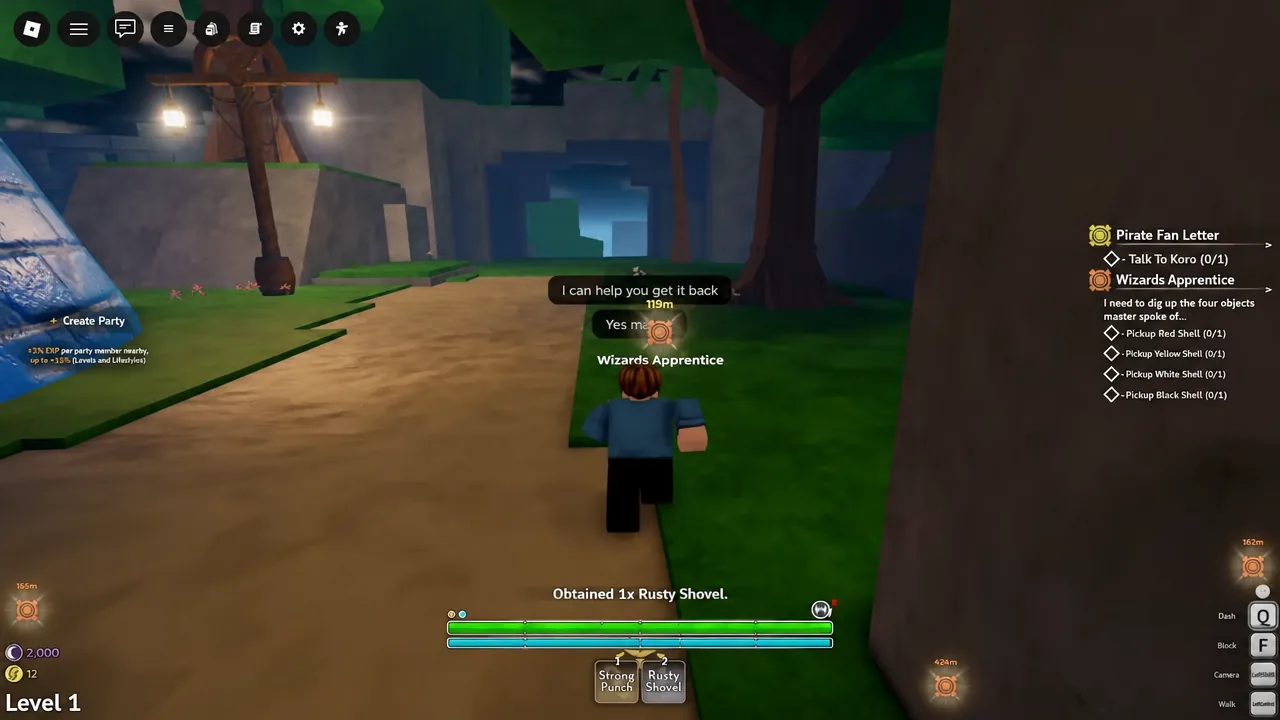 Wizards Apprentice quest tracker showing the Rusty Shovel pickup and shell objectives