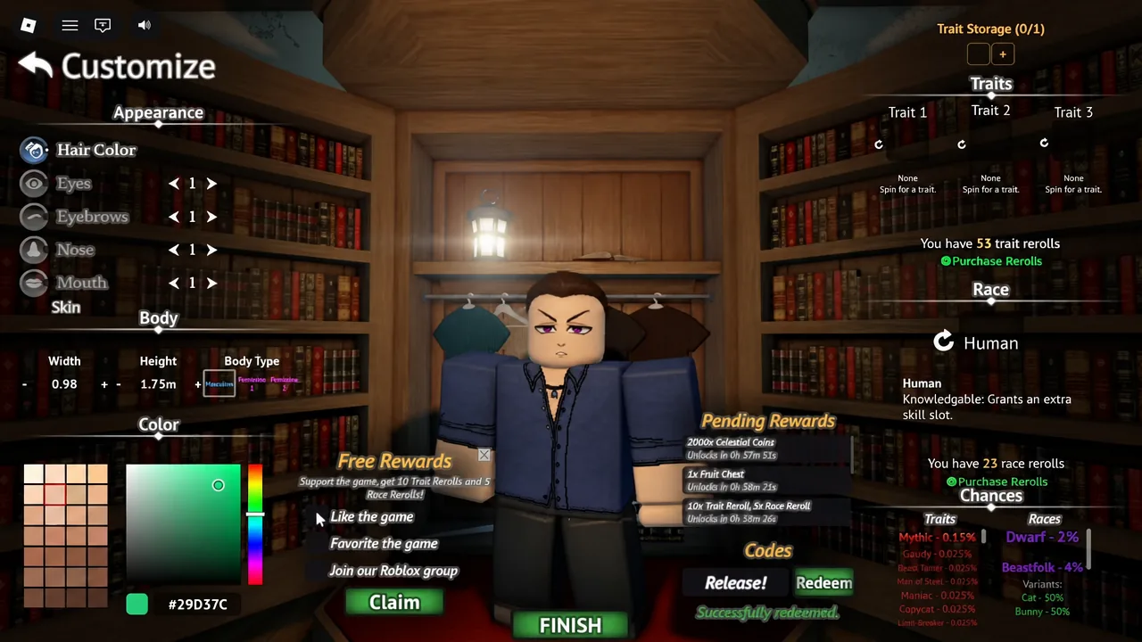 Grand Blue Customize screen with Hair Color selected and the color picker open