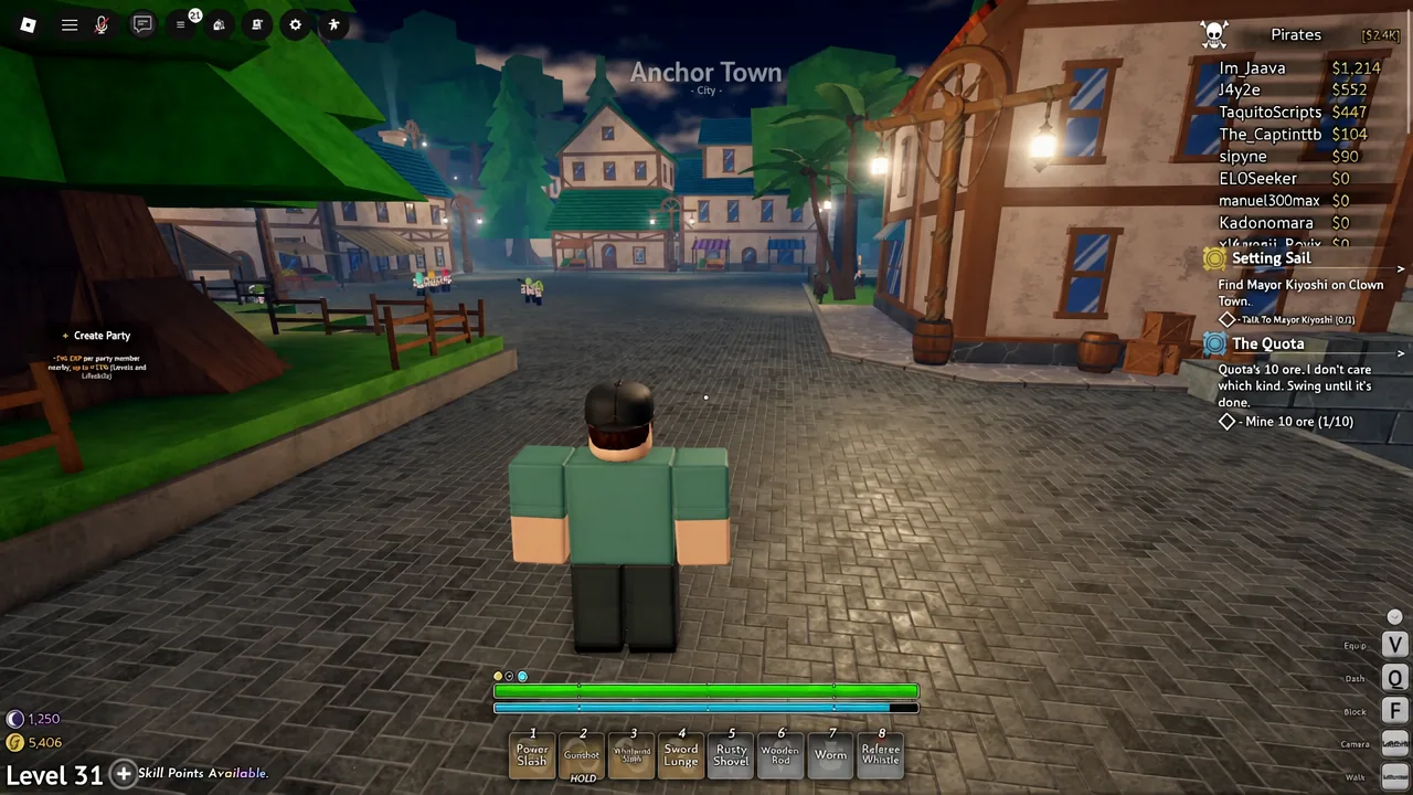 Anchor Town gameplay with The Quota quest tracker showing four of ten ore mined