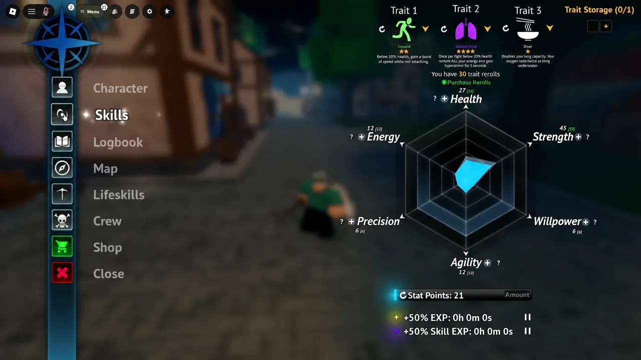 Character menu open on the Skills tab with trait slots, reroll counts, and current stats visible