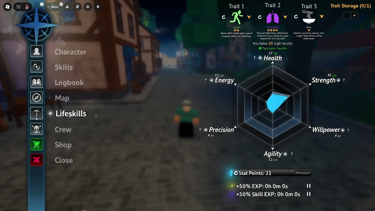 Grand Blue menu screen with the Lifeskills tab highlighted alongside traits and unspent stat points