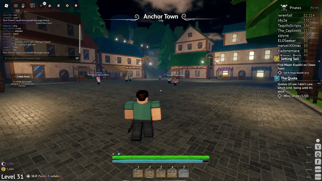 Player standing in Anchor Town with the active quest tracker displayed on screen