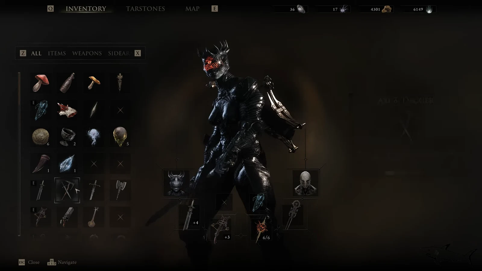 Inventory grid with a greatsword selected in the equipment slot