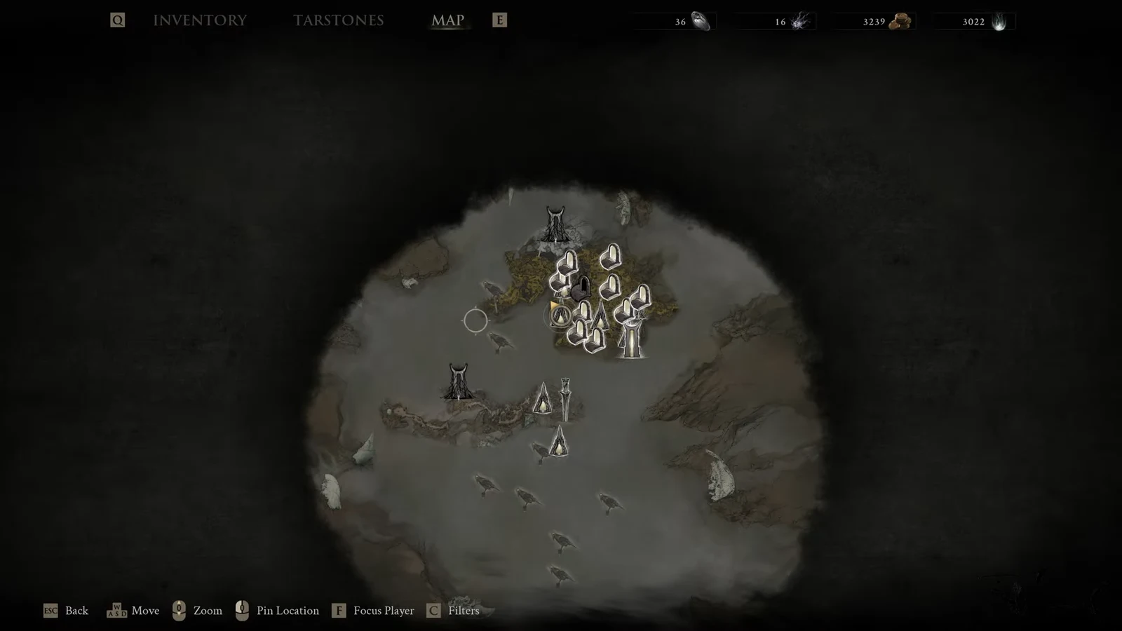In-game map with a circular cursor over clustered location markers