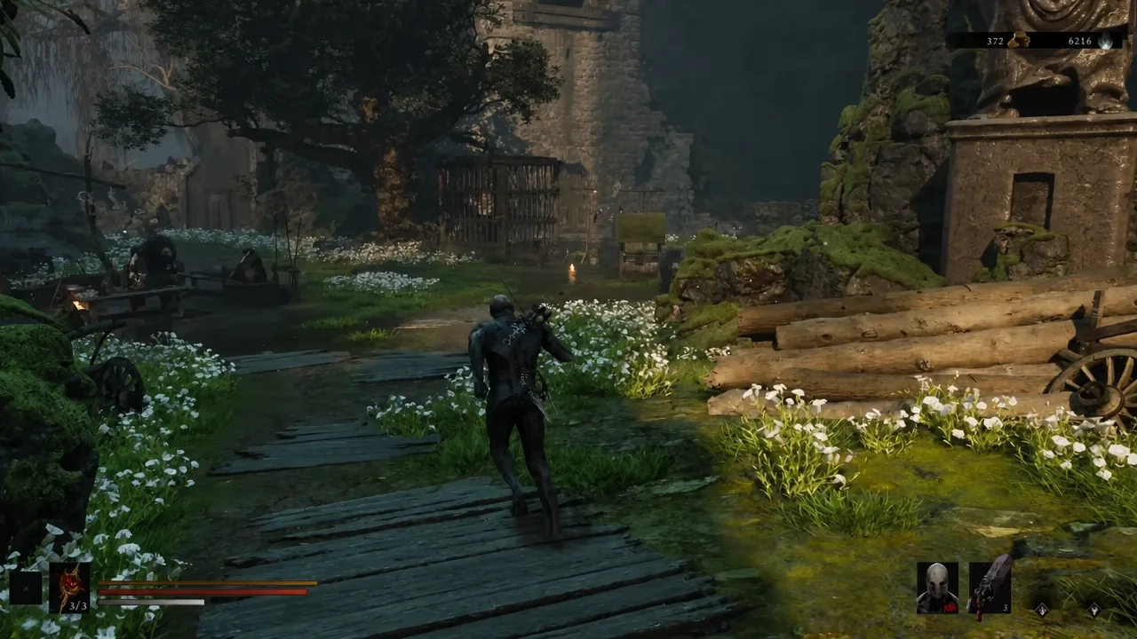 Harbinger running along a raised wooden walkway toward the ruined Mushroom Village courtyard
