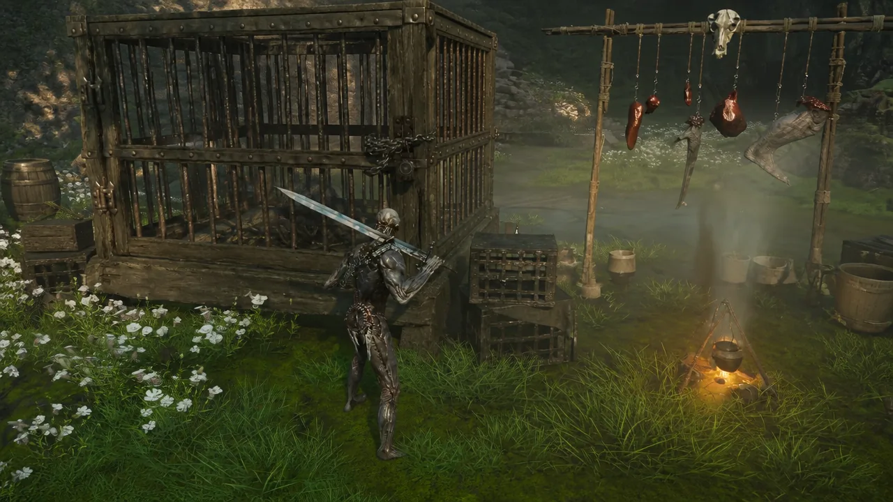 Sword-wielding Harbinger standing beside the locked Grisha cage and the Hunters' cooking fire