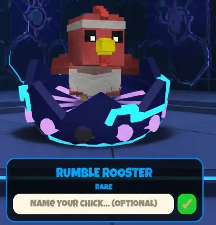 Naming prompt for a freshly hatched Rumble Rooster with an optional name field