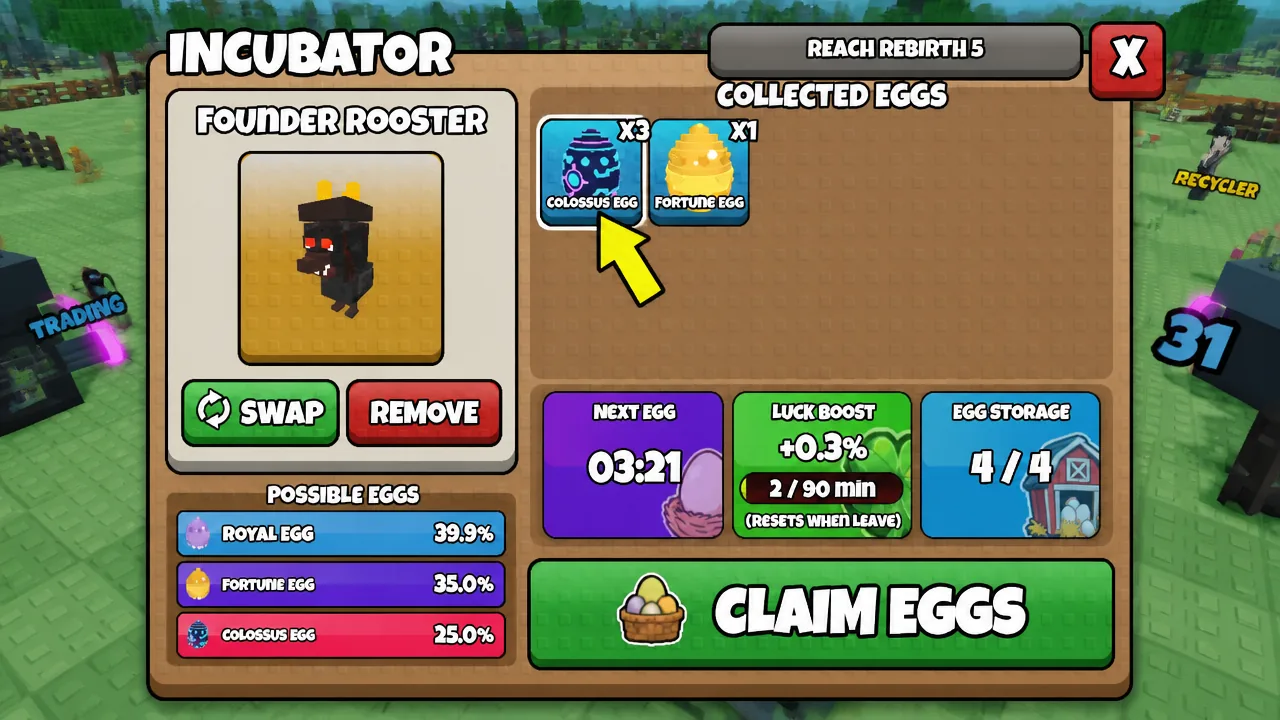 Incubator menu with a Colossus Egg highlighted in the Collected Eggs list