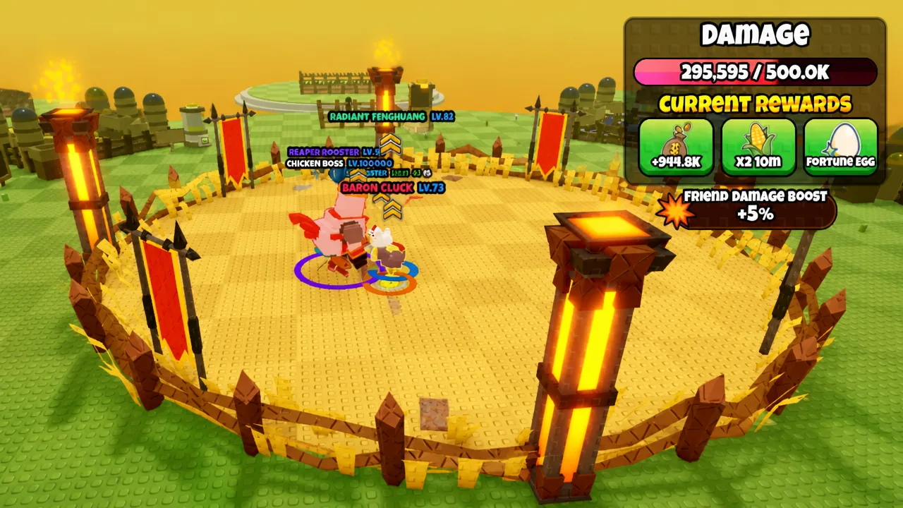Chicken Boss fight with the damage screen's Current Rewards panel showing on the right