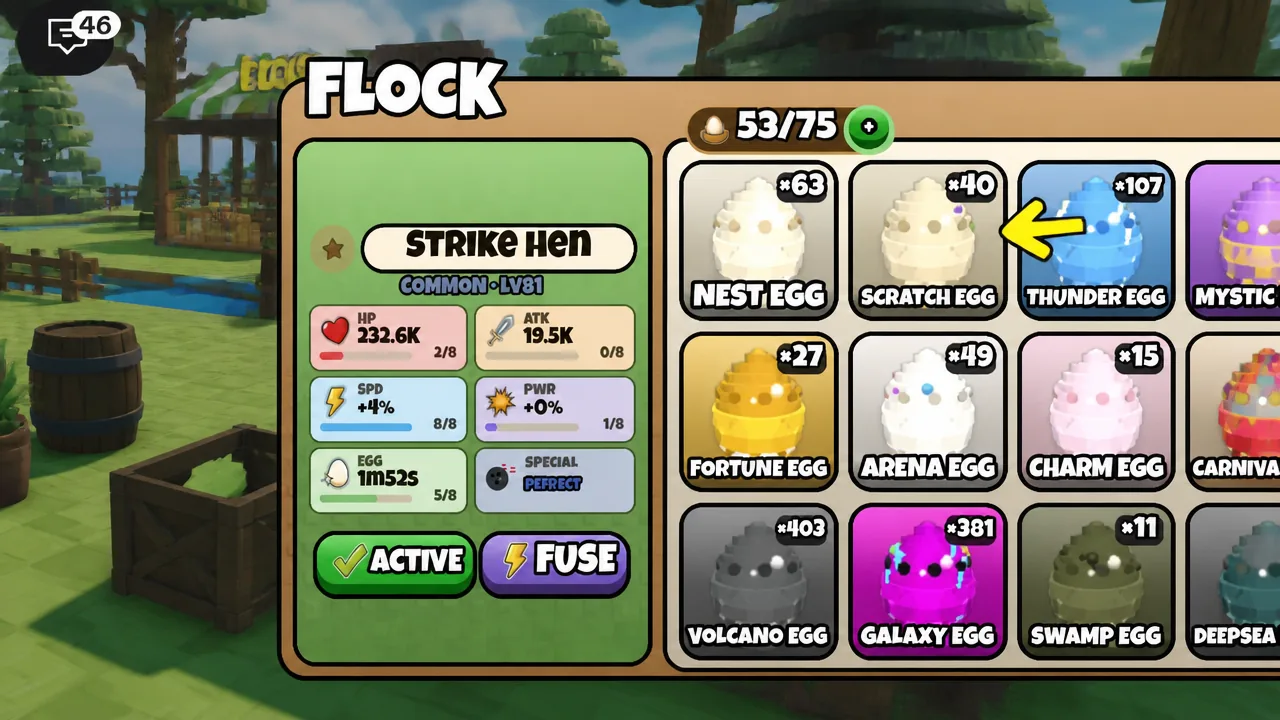 Flock menu with a yellow arrow pointing at the Thunder Egg selection