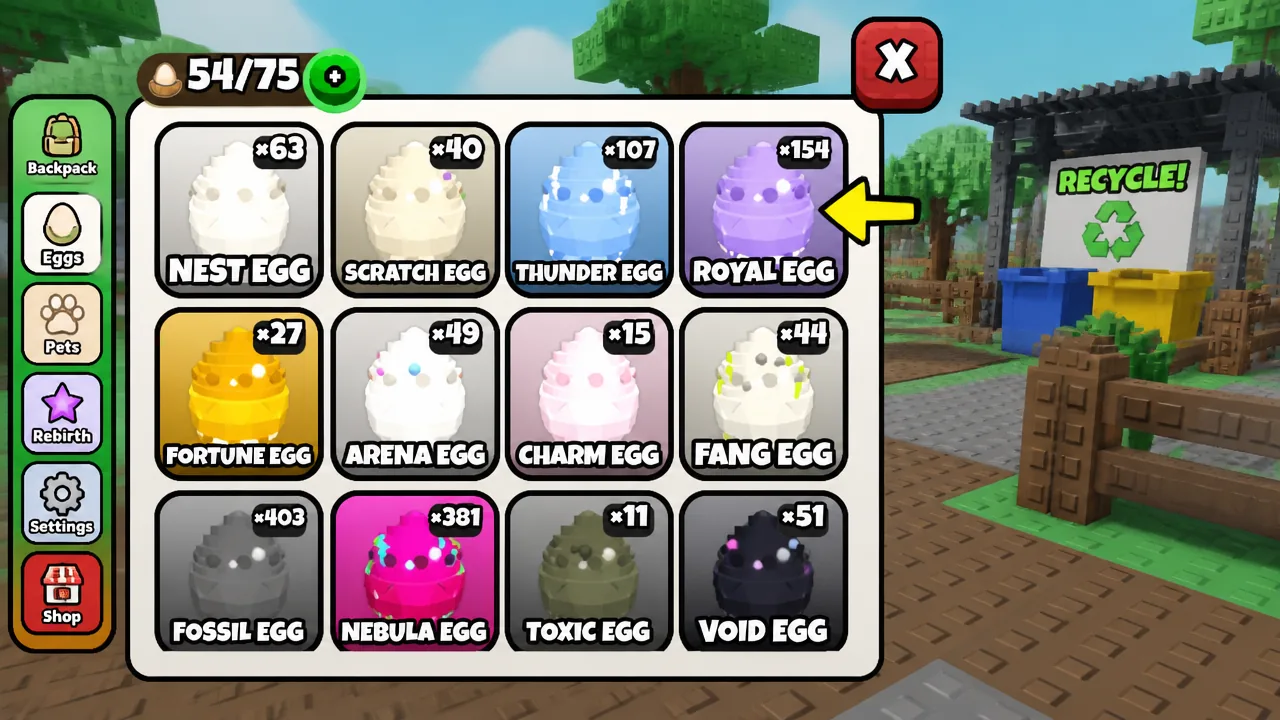 Backpack Eggs tab with the Royal Egg highlighted in the inventory