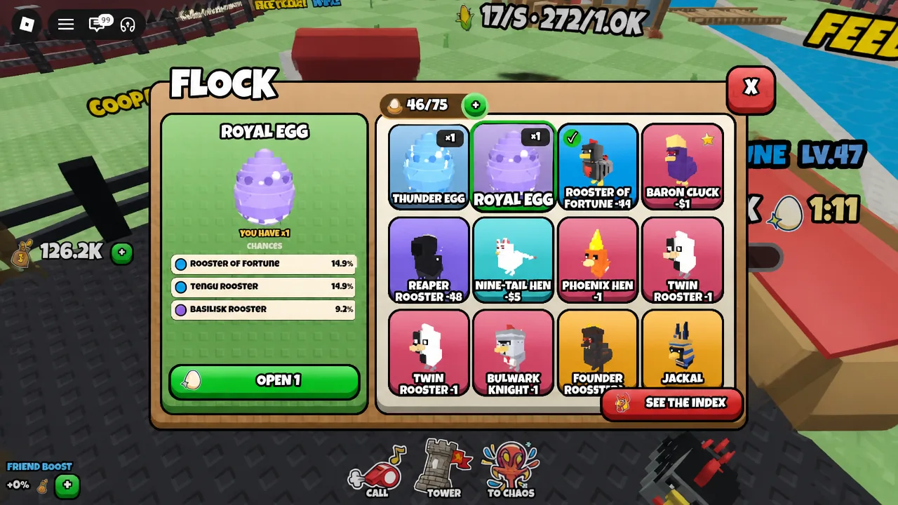 Flock menu open on the Royal Egg with the Open 1 button ready to hatch