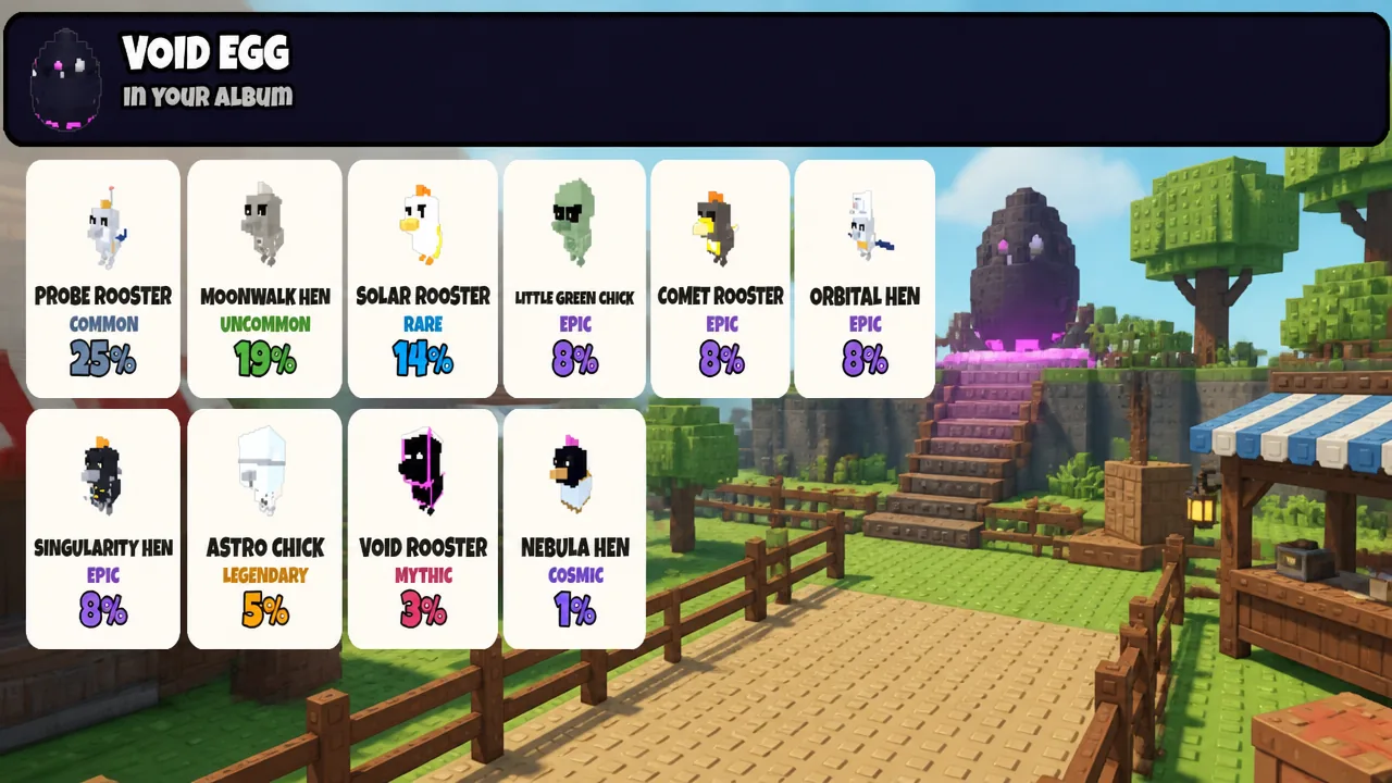 Void Egg album screen showing egg variants, rarity tiers and drop percentages