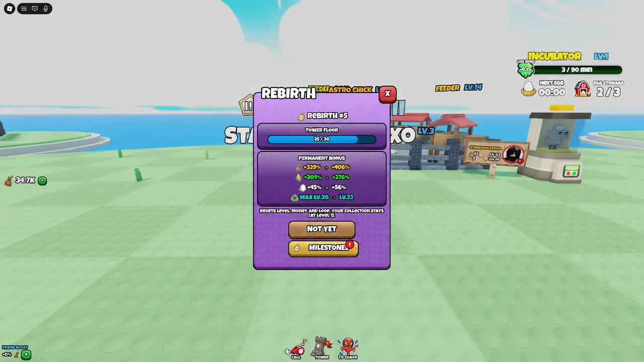 Rebirth dialog showing Rebirth #5 with the Milestone button highlighted