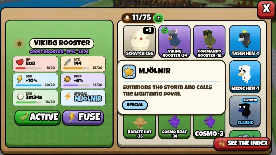 Viking Rooster selected in the chicken menu, showing its Mjolnir ability with Active and Fuse buttons