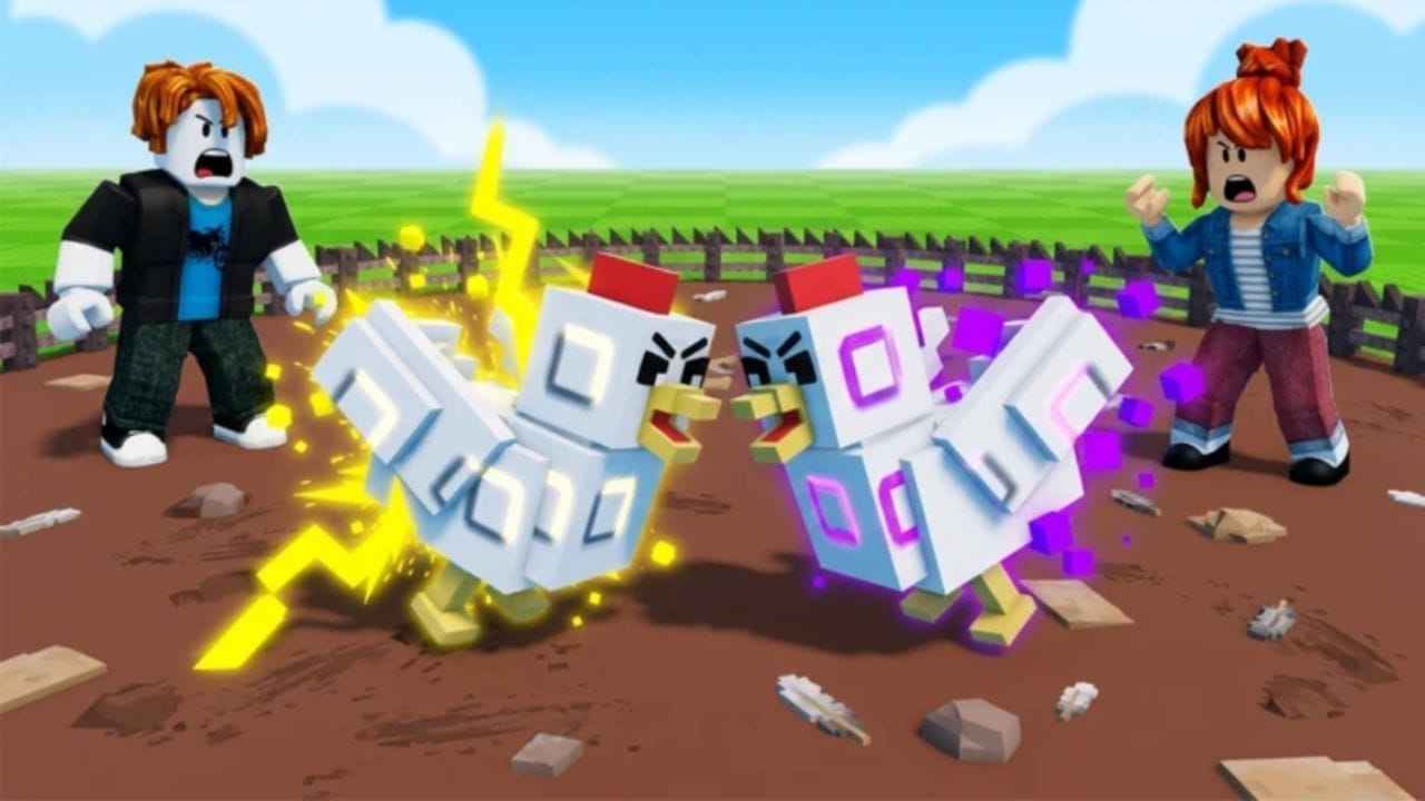 Chicken fighters facing off in the arena where Skills trigger automatically