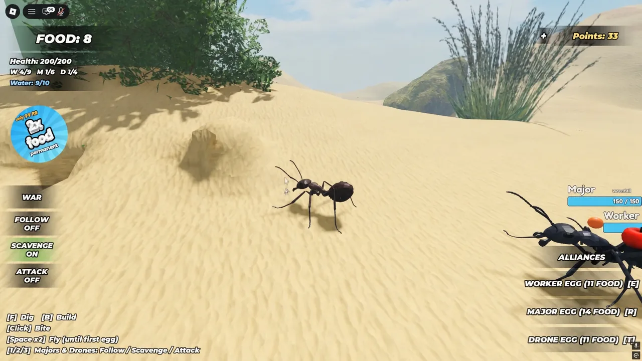 Major and worker ants above ground with the Worker Egg priced at 11 food on the HUD