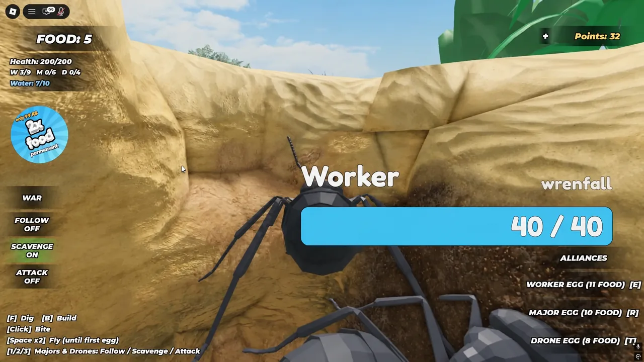 A worker ant selected in Grow a Colony with its 40/40 health bar and egg options on screen